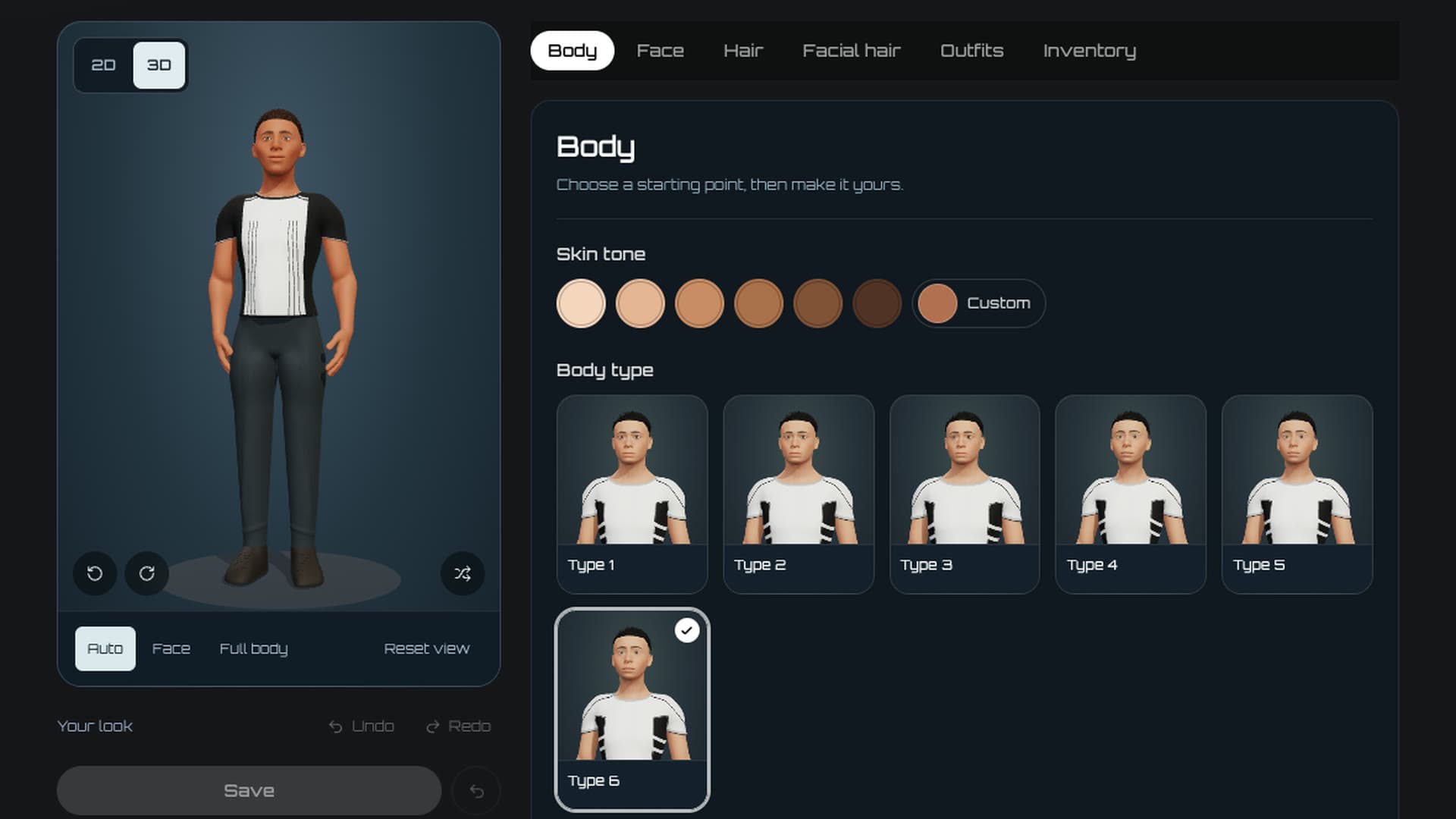 The avatar editor with a 3D character preview
