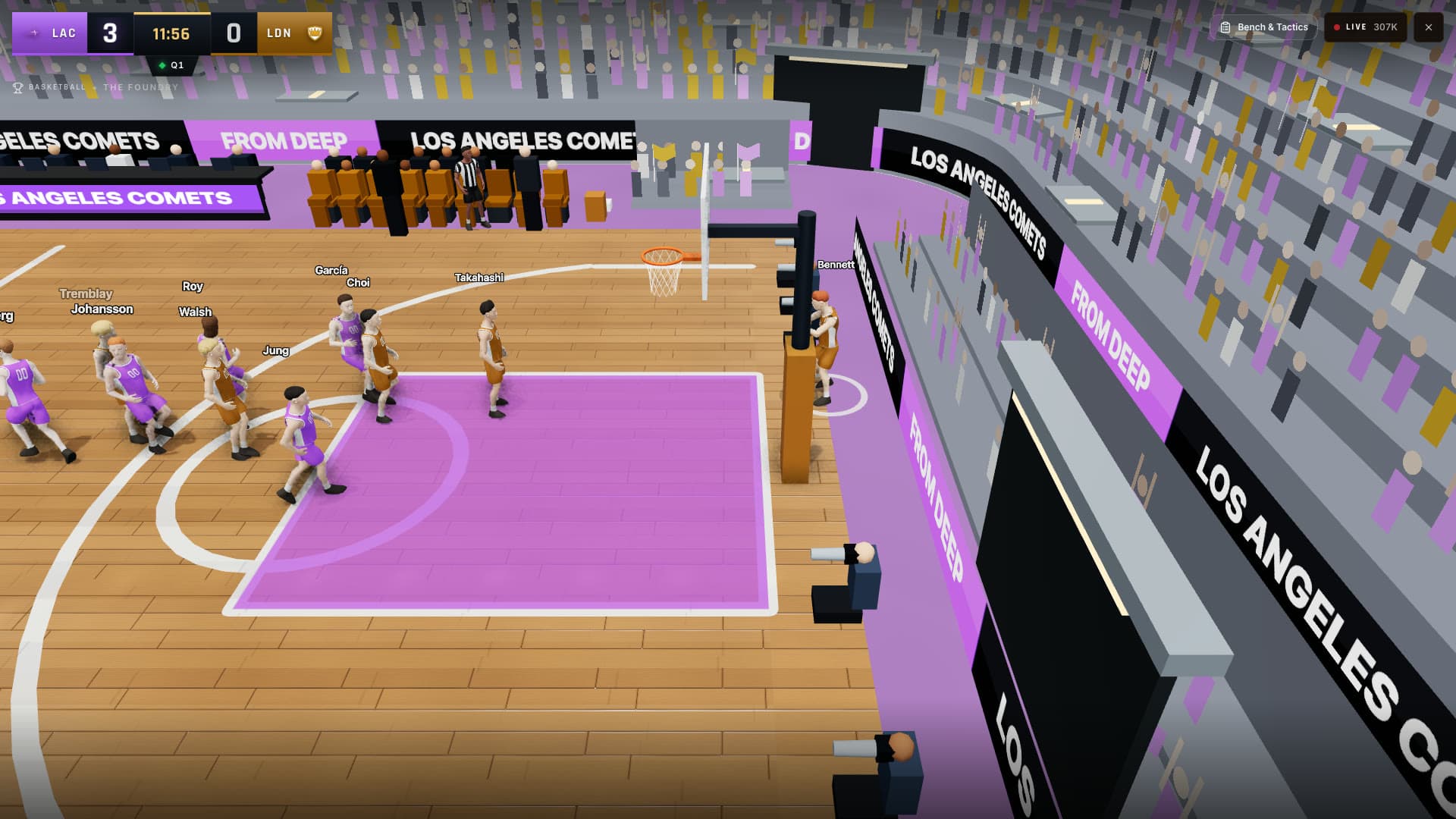 A live basketball game in a full arena