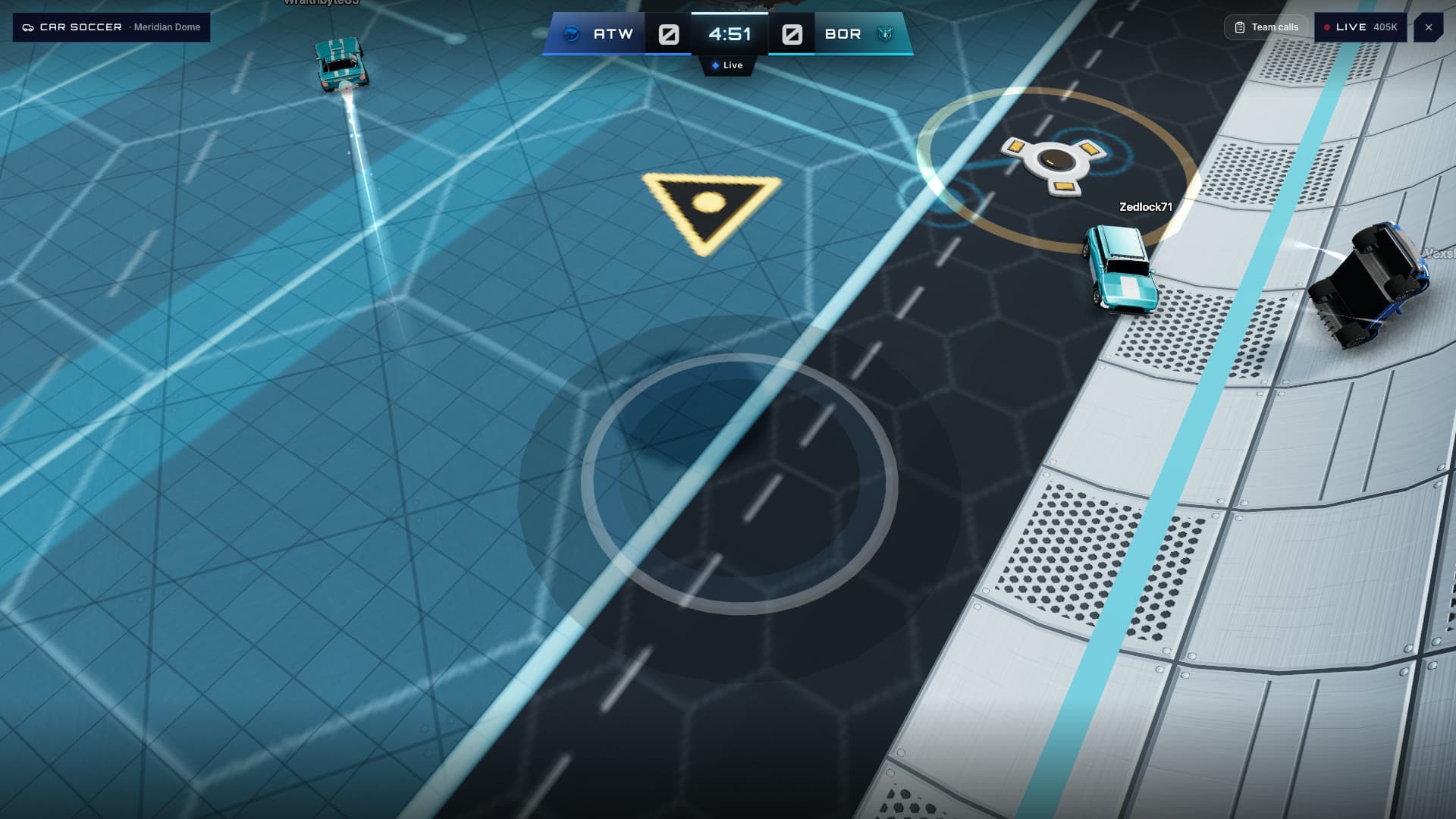 Cars racing across a glowing car ball arena