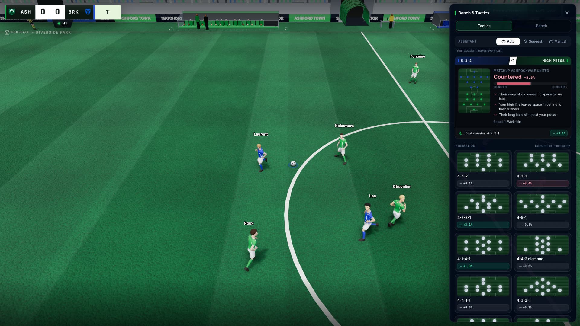 A live football match with the Bench and Tactics sheet open