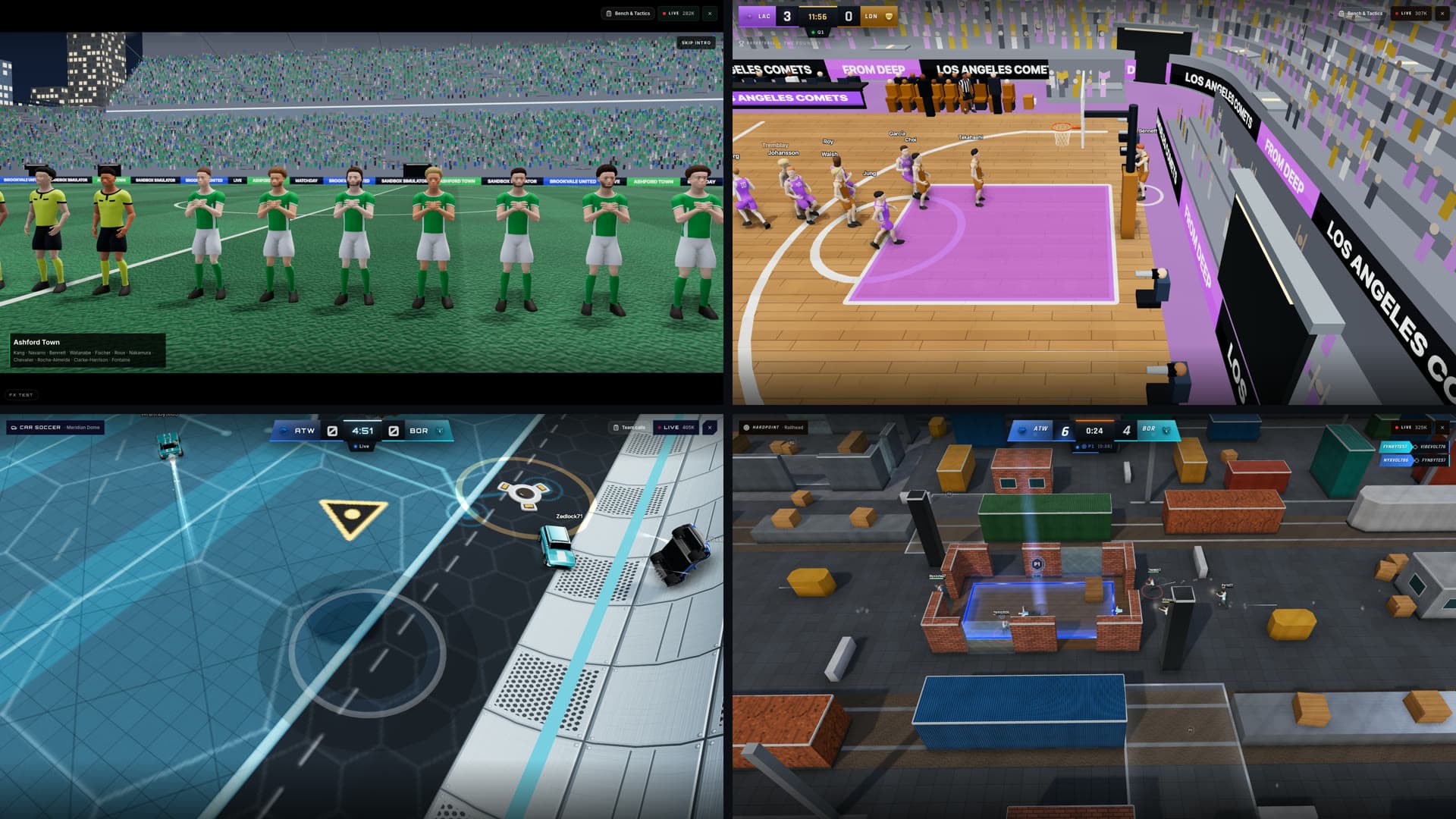 Four live 3D matches: a football walkout, a basketball arena, car ball and a Hardpoint map