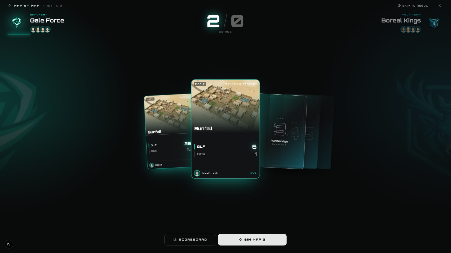 Map cards flipping over to reveal each result of a series