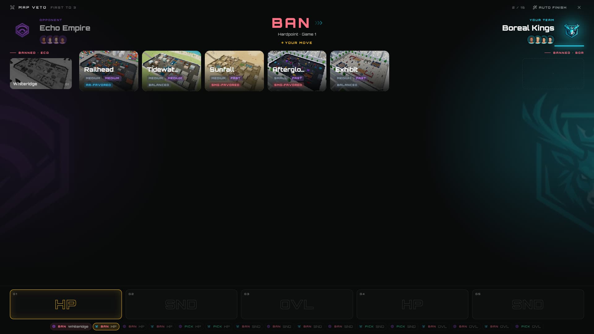 The map veto showing 3D preview cards for each map