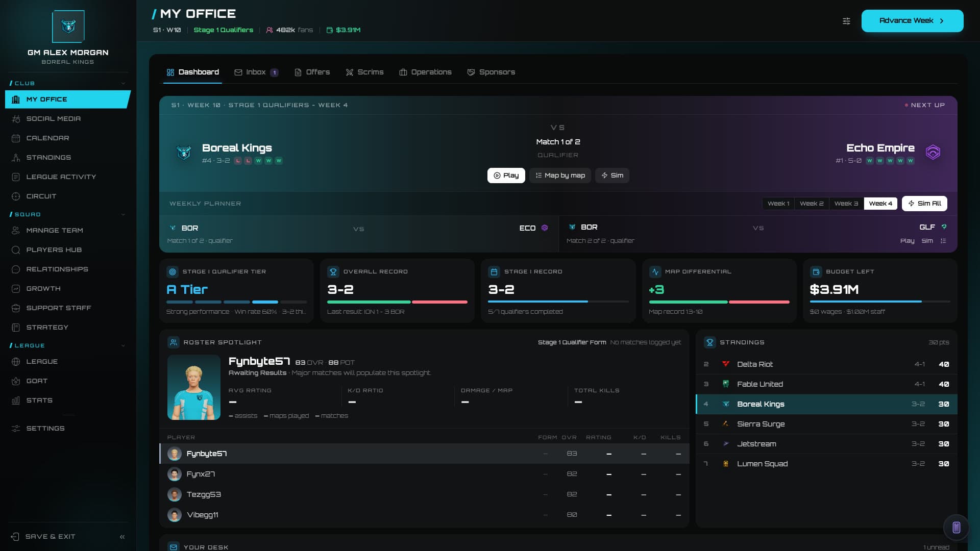The redesigned Office dashboard with matchup band and standings