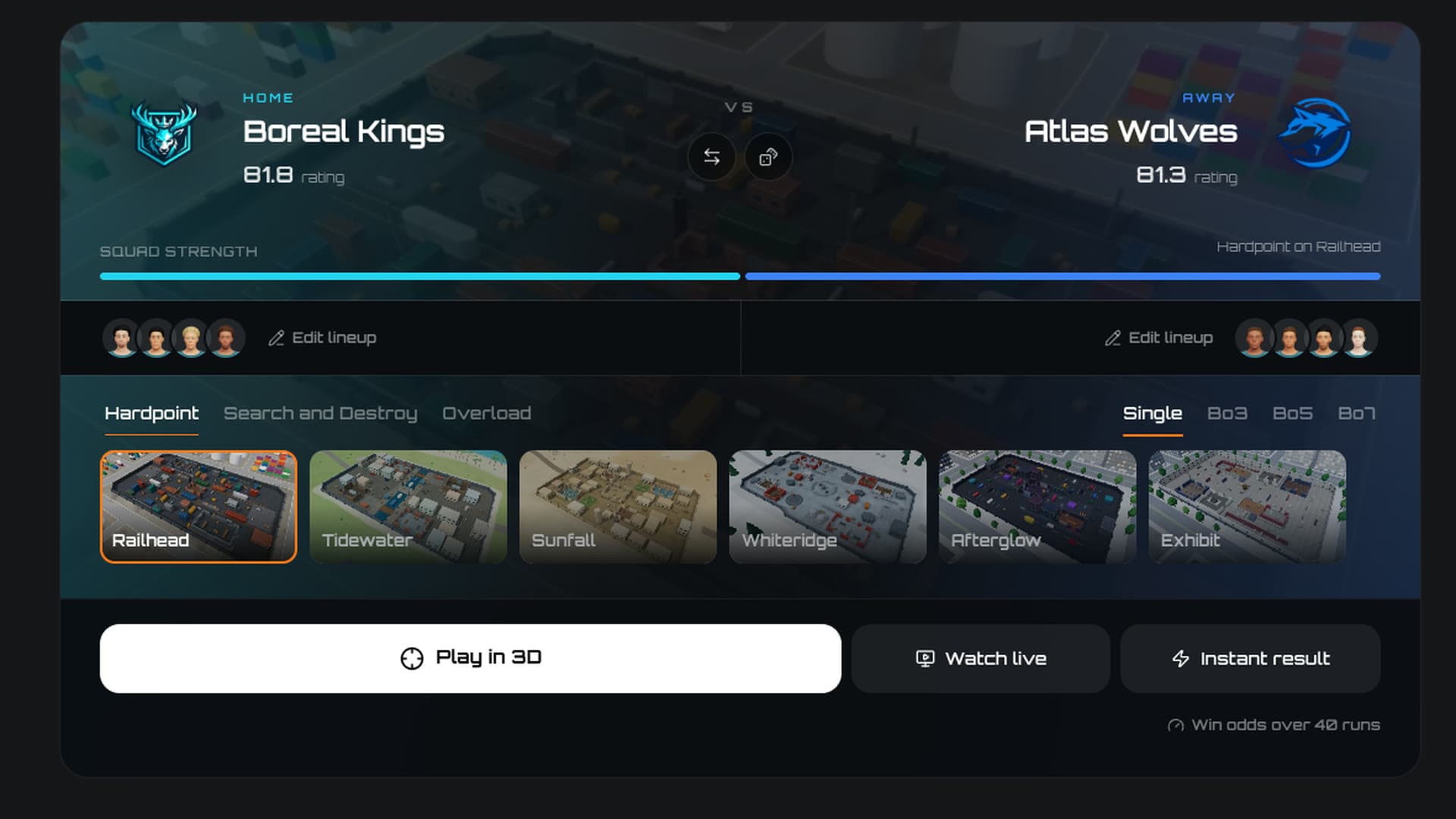 The rebuilt Simulator page with a club face-off and win odds