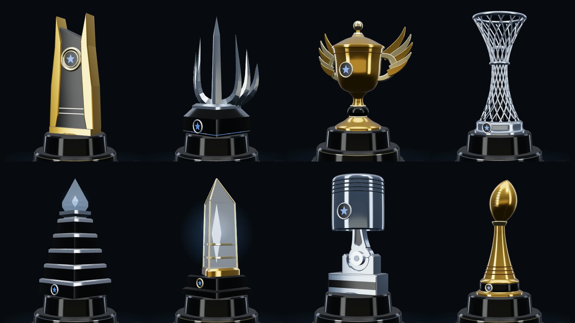 A shelf of rebuilt trophies